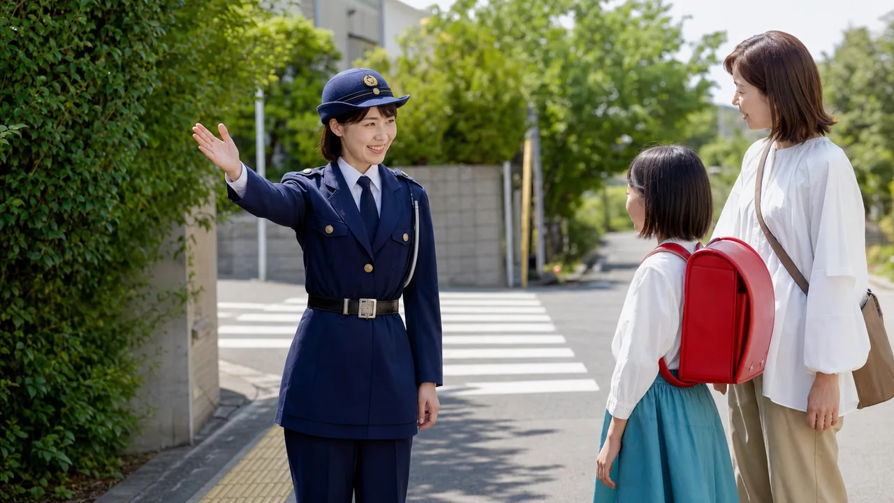 交通安全を案内する日本人警察官（横長・コピースペース）。警察官、交通安全、防犯、地域活動の記事向け素材です。