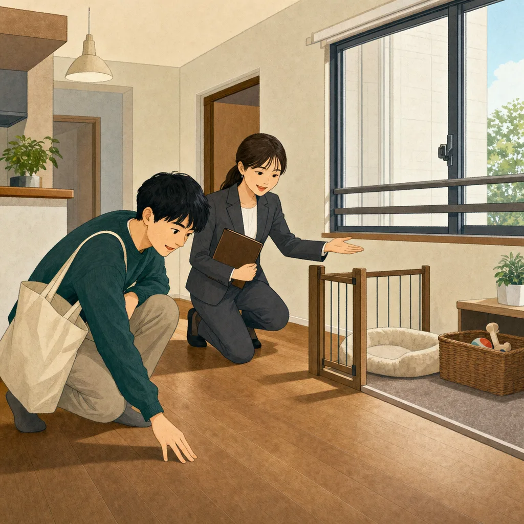 ペット可賃貸を内見する日本人（編集記事向け）。ペット可賃貸、賃貸内見、ペット住宅、部屋探しの記事や案内に使える商用素材です。