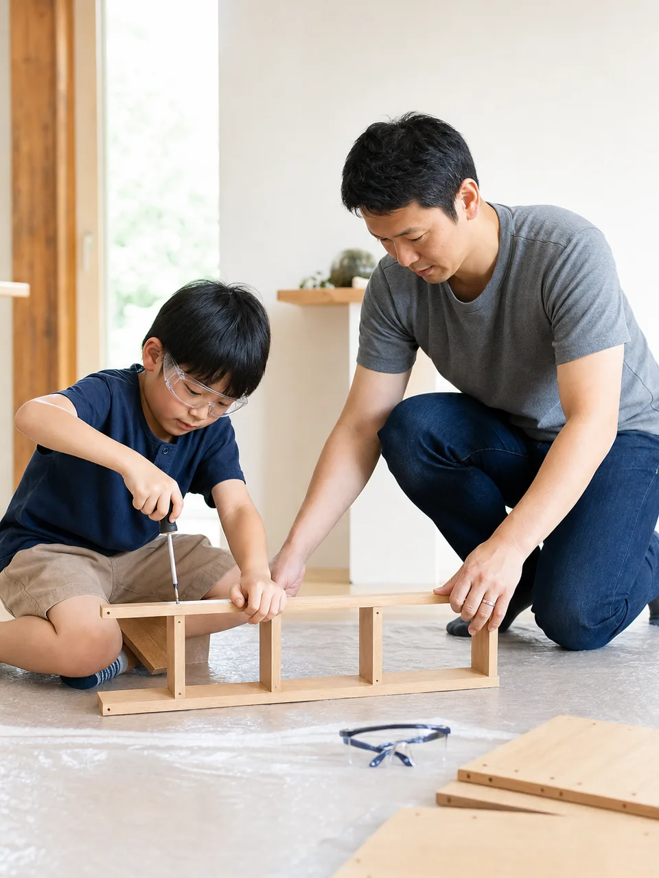 DIYに取り組む日本人の父と息子（自然な縦位置写真）。父と息子、DIY、親子、ものづくりの記事向け素材です。