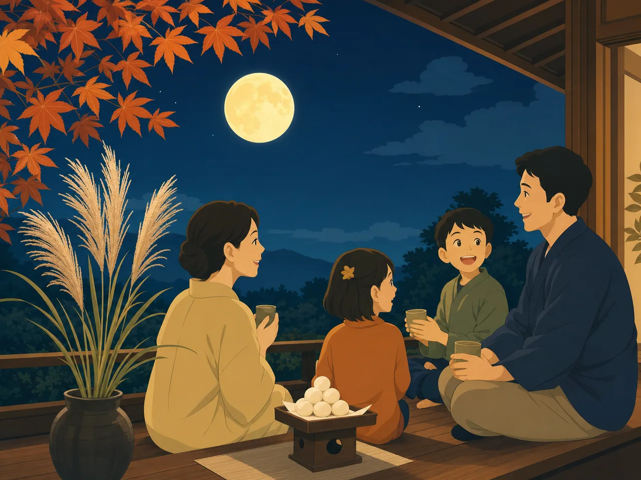 十五夜を楽しむ日本人家族（フラットイラスト）。十五夜、お月見、秋、家族の年中行事に使える素材です。