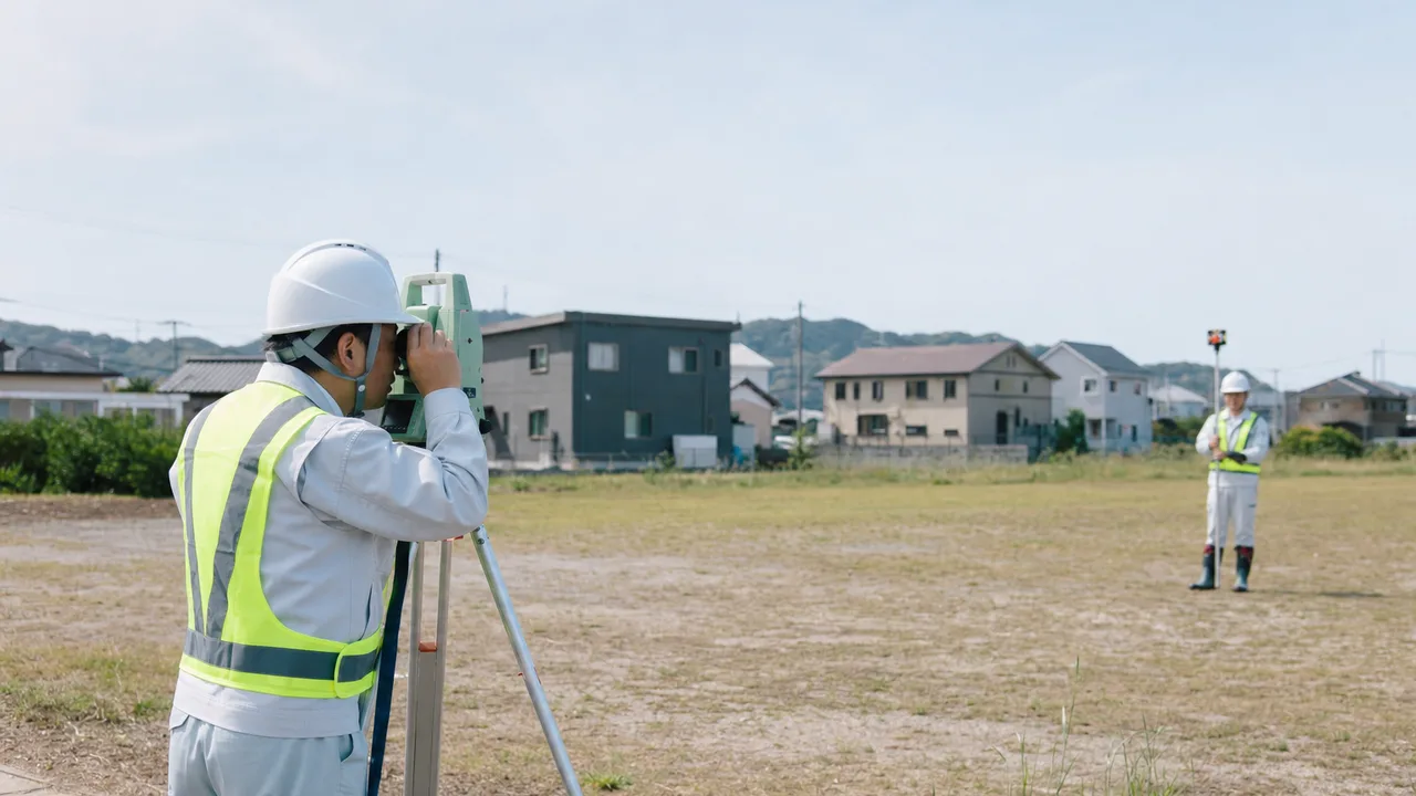 土地を測量する日本人測量士（横長・コピースペース）。測量士、土地測量、測量、建設の記事や案内に使える商用素材です。