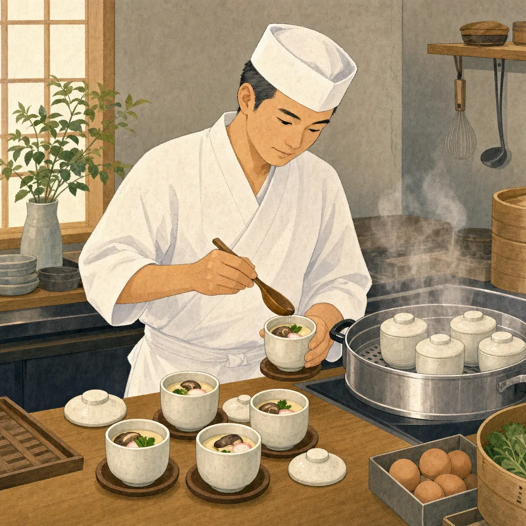 茶碗蒸しを作る日本人（編集記事向け）。茶碗蒸し、和食、蒸し料理、日本料理の記事や案内に使える商用素材です。