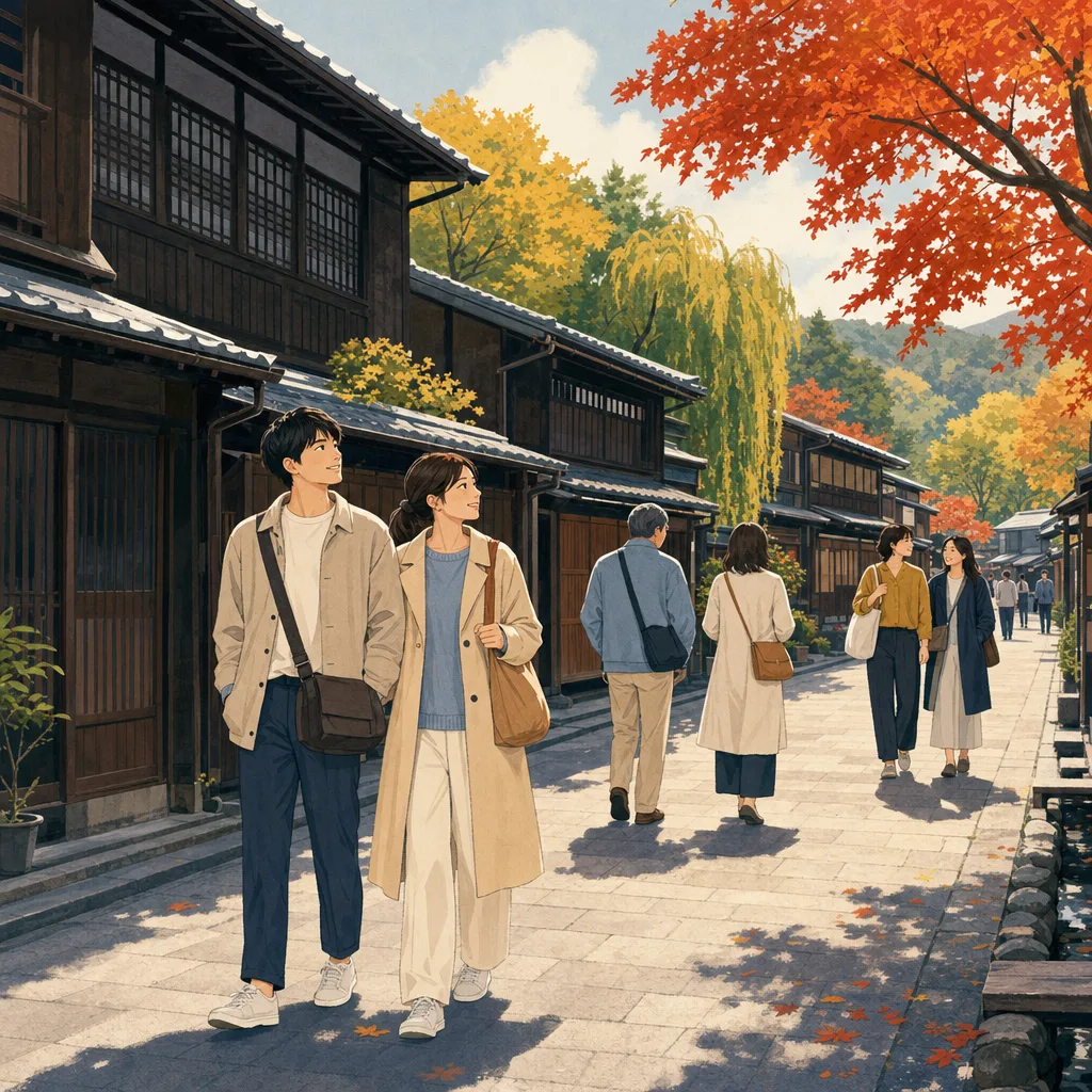 秋田の歴史ある町並みを歩く旅行者（編集記事向け）。秋田旅行、歴史的町並み、東北旅行、城下町の記事や案内に使える商用素材です。