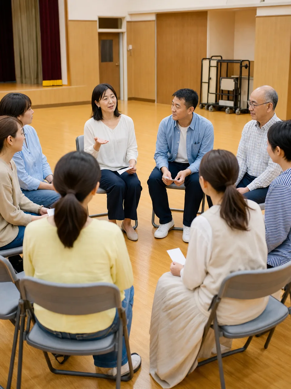 学校について話し合う日本人PTA（自然な縦位置写真）。PTA、保護者会、学校運営、地域連携の記事に使える素材です。