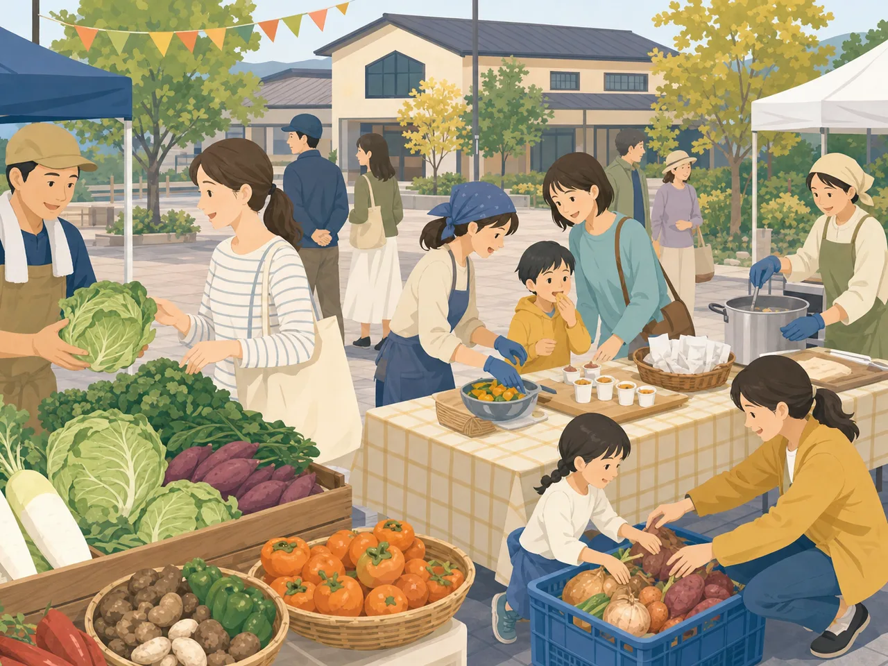 地域の収穫祭を楽しむ日本人（フラットイラスト）。収穫祭、地域行事、秋、農産物の記事向け素材です。