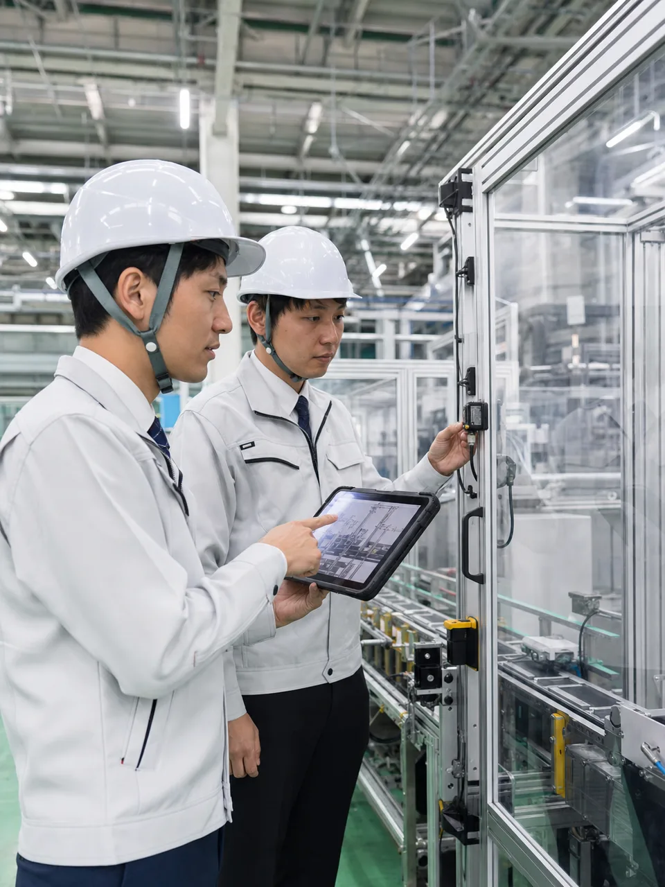 工場IoTを活用する日本人技術者（自然な縦位置写真）。工場IoT、スマートファクトリー、センサー、製造業向け素材です。