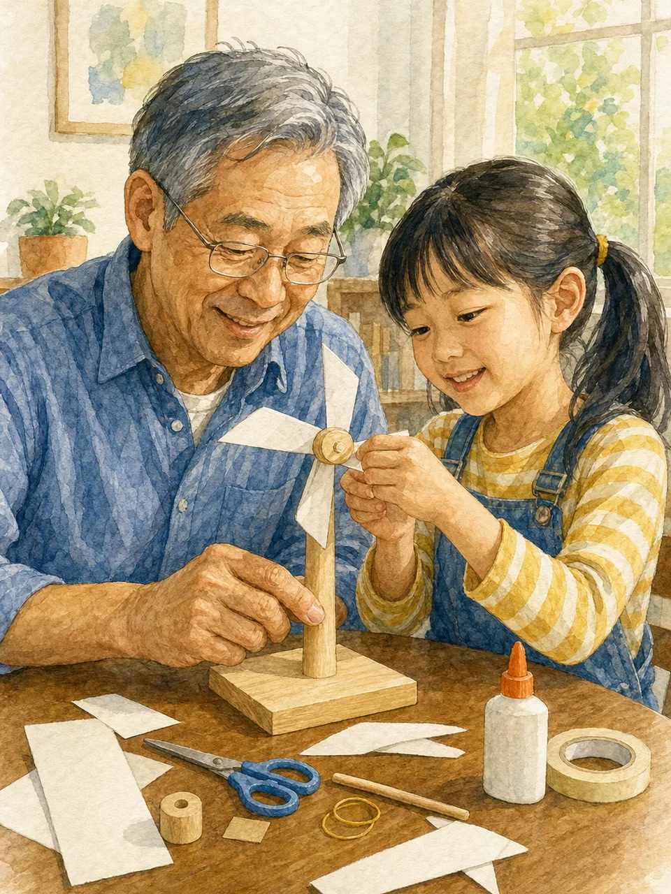 工作を楽しむ日本人の祖父と孫娘（手描き水彩）。祖父と孫娘、世代間交流、工作、家族の記事向け素材です。