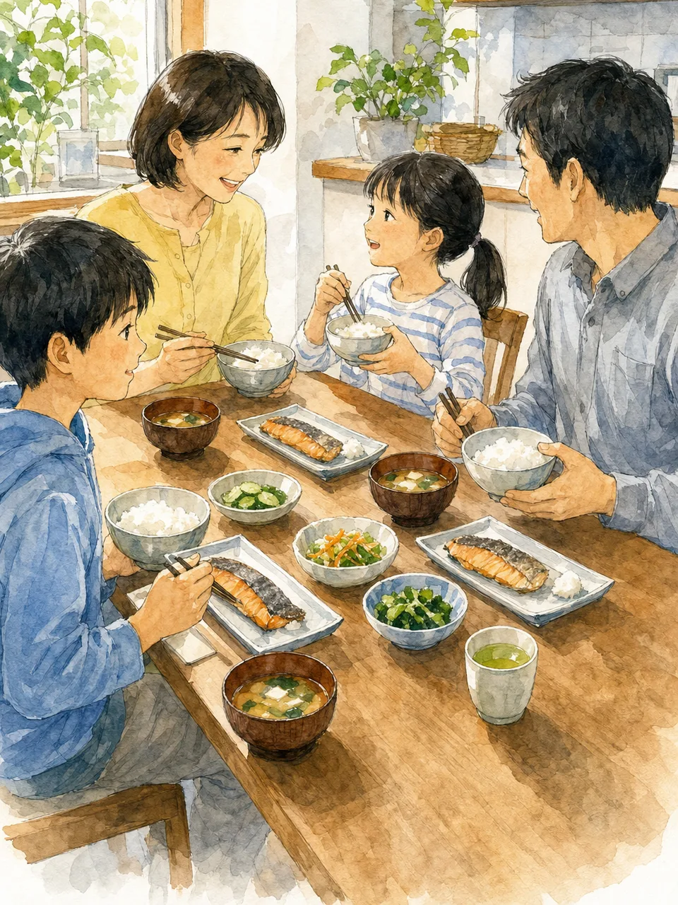 和朝食を囲む日本人家族（手描き水彩）。和朝食、朝ごはん、家族、健康的な食事の記事向け素材です。