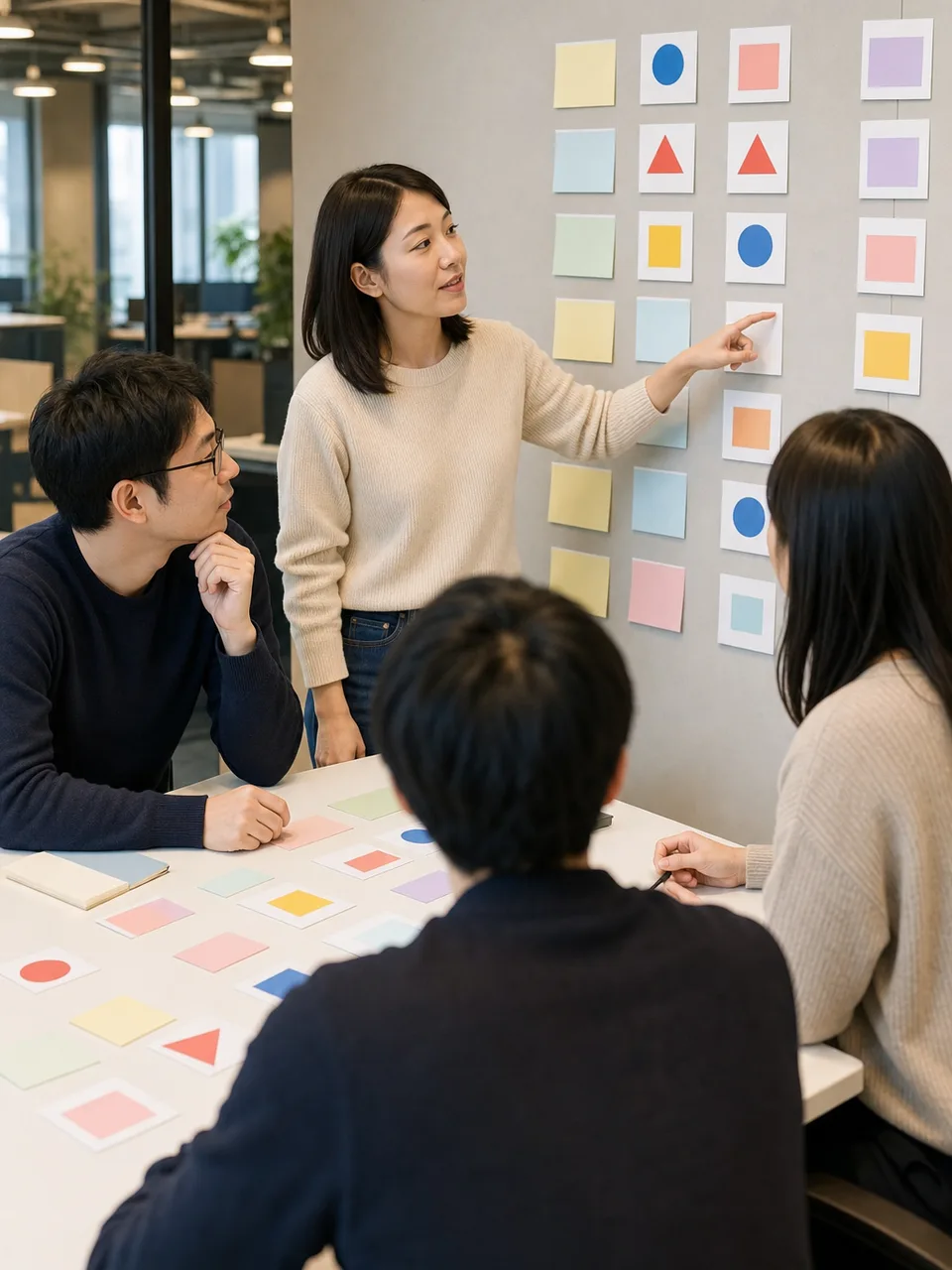 優先順位を決める日本人プロダクトマネージャー（自然な縦位置写真）。プロダクトマネージャー、プロダクト開発、優先順位、チームの記事や案内に使える商用素材です。