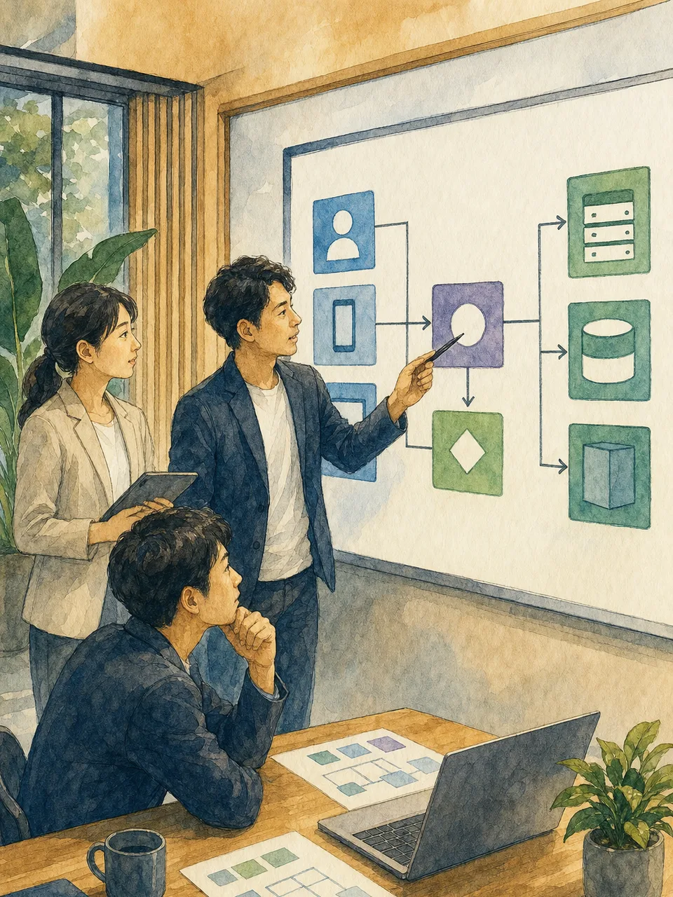 ゼロトラストを設計する日本人チーム（手描き水彩）。ゼロトラスト、サイバーセキュリティ、アクセス制御、認証の記事や案内に使える商用素材です。