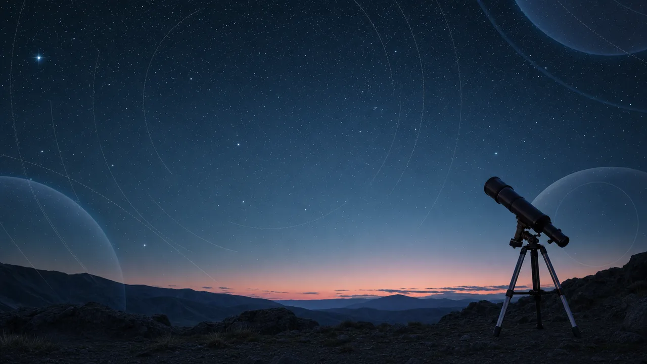 宇宙観測を表す抽象背景（横長・余白背景）。宇宙背景、天体観測、星空、宇宙研究の記事や案内に使える商用素材です。