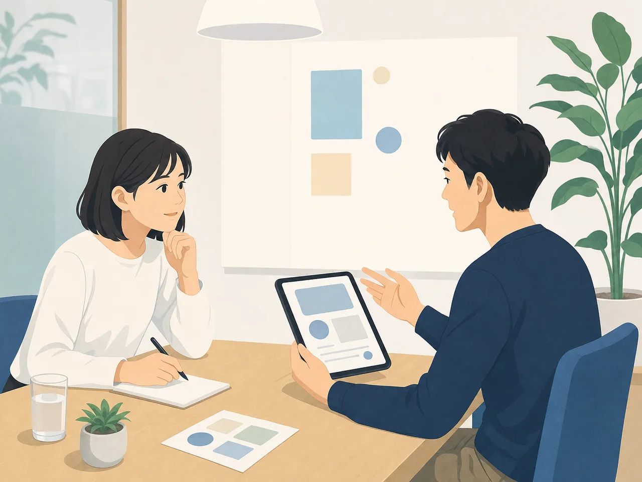 利用者調査をする日本人UXリサーチャー（フラットイラスト）。UXリサーチ、ユーザーインタビュー、利用者調査、サービス開発の記事や案内に使える商用素材です。