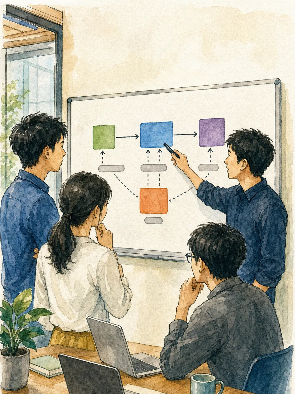 API設計をレビューする日本人技術者（手描き水彩）。API設計、ソフトウェア開発、システム連携、設計レビューの記事や案内に使える商用素材です。