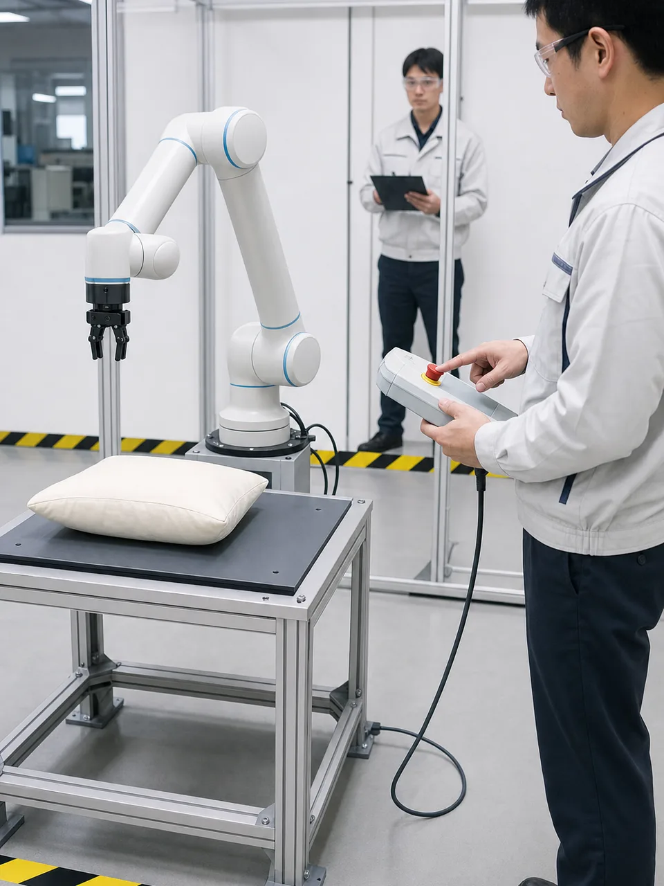 協働ロボットの安全を検証する日本人技術者（自然な縦位置写真）。協働ロボット、ロボット安全、製造業、安全試験の記事や案内に使える商用素材です。