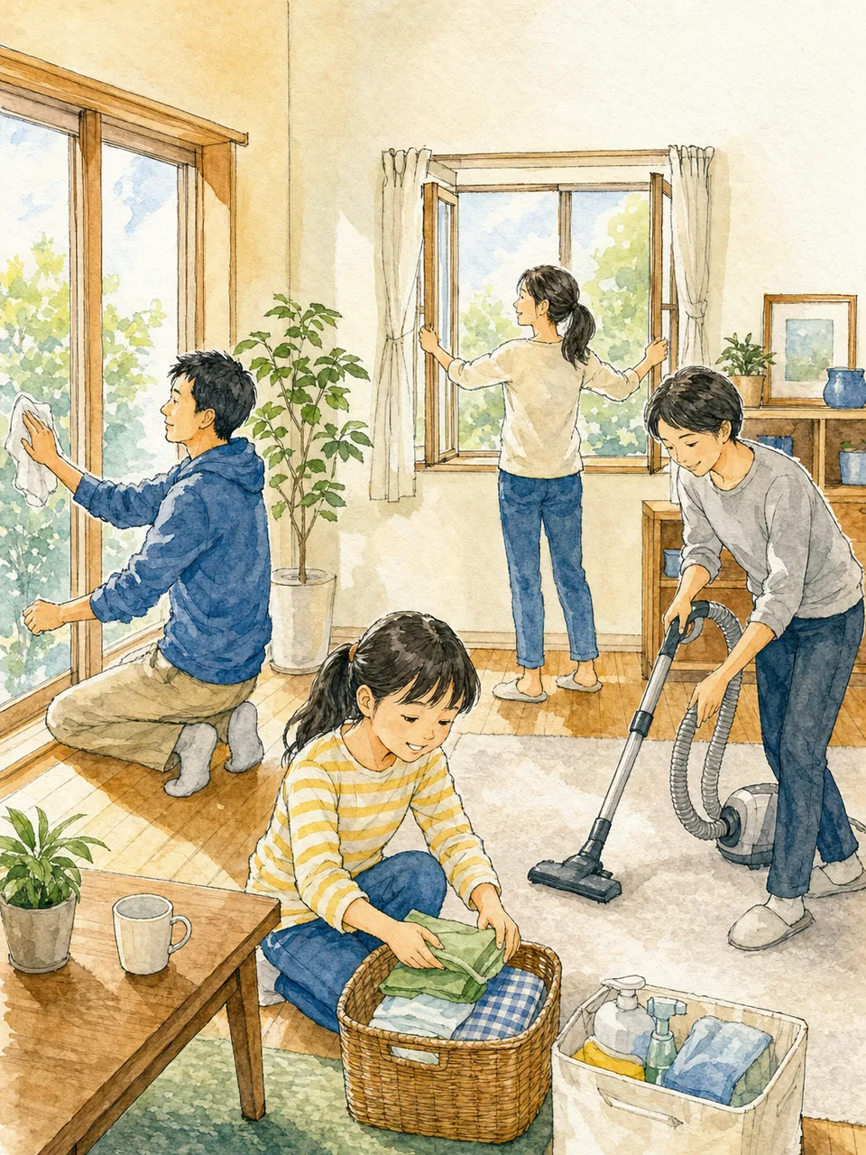 年末の大掃除をする日本人家族（手描き水彩）。大掃除、年末、家事分担、暮らしの記事向け素材です。