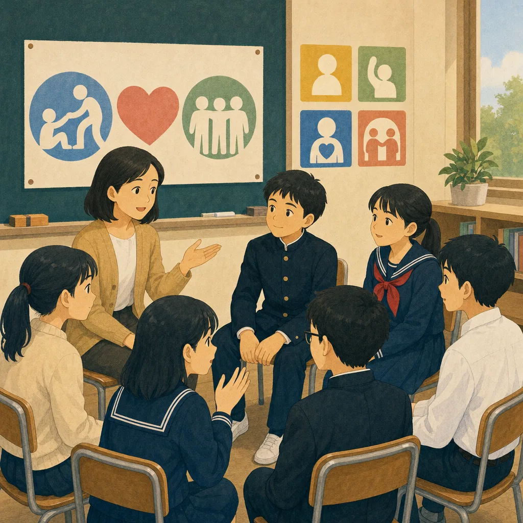 いじめ予防を話し合う日本人の生徒（編集記事向け）。いじめ予防、人権教育、学級活動、生徒の記事や案内に使える商用素材です。