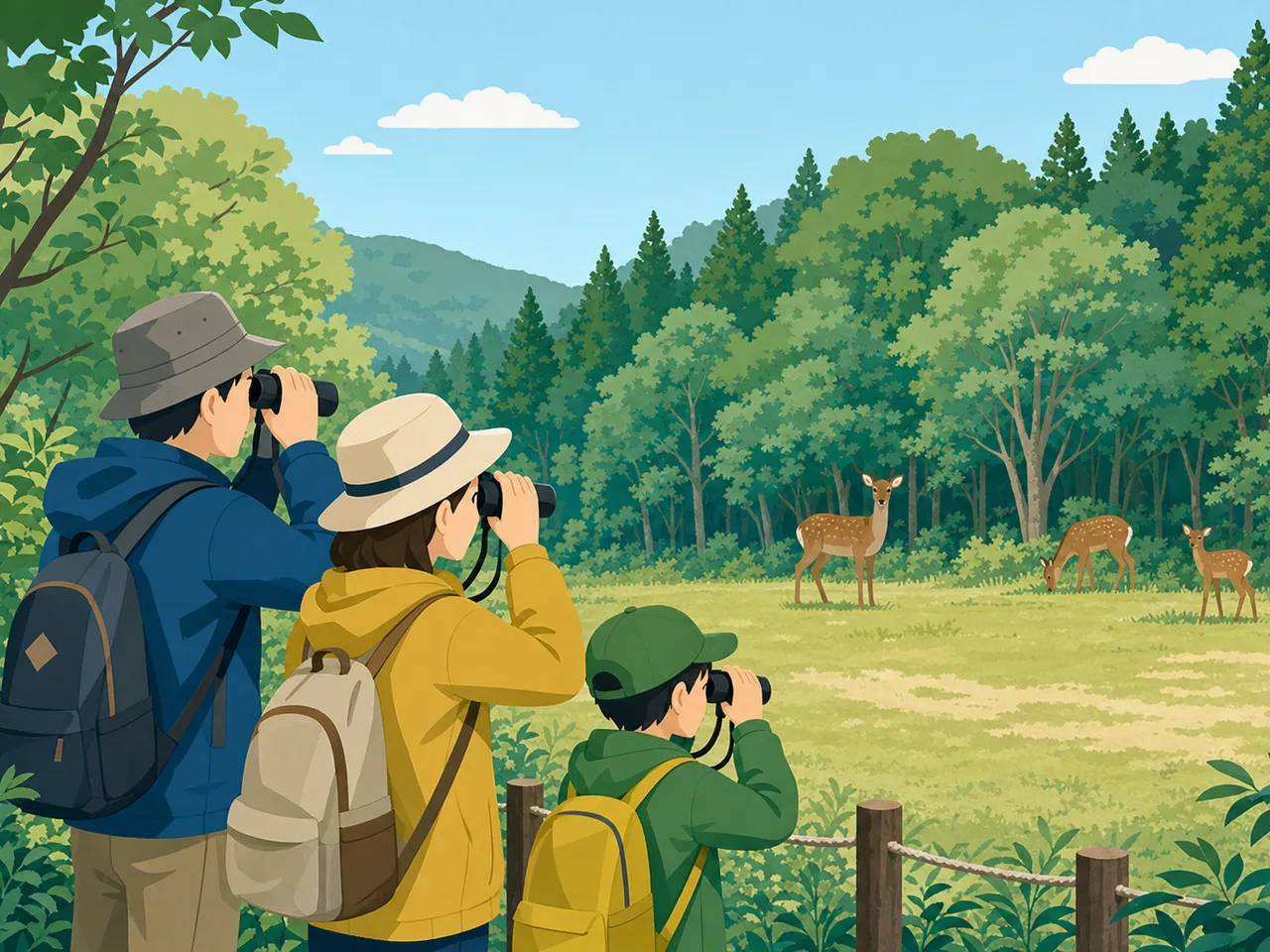 野生のシカを観察する日本人（フラットイラスト）。野生のシカ、ニホンジカ、野生動物観察、自然観察の記事や案内に使える商用素材です。