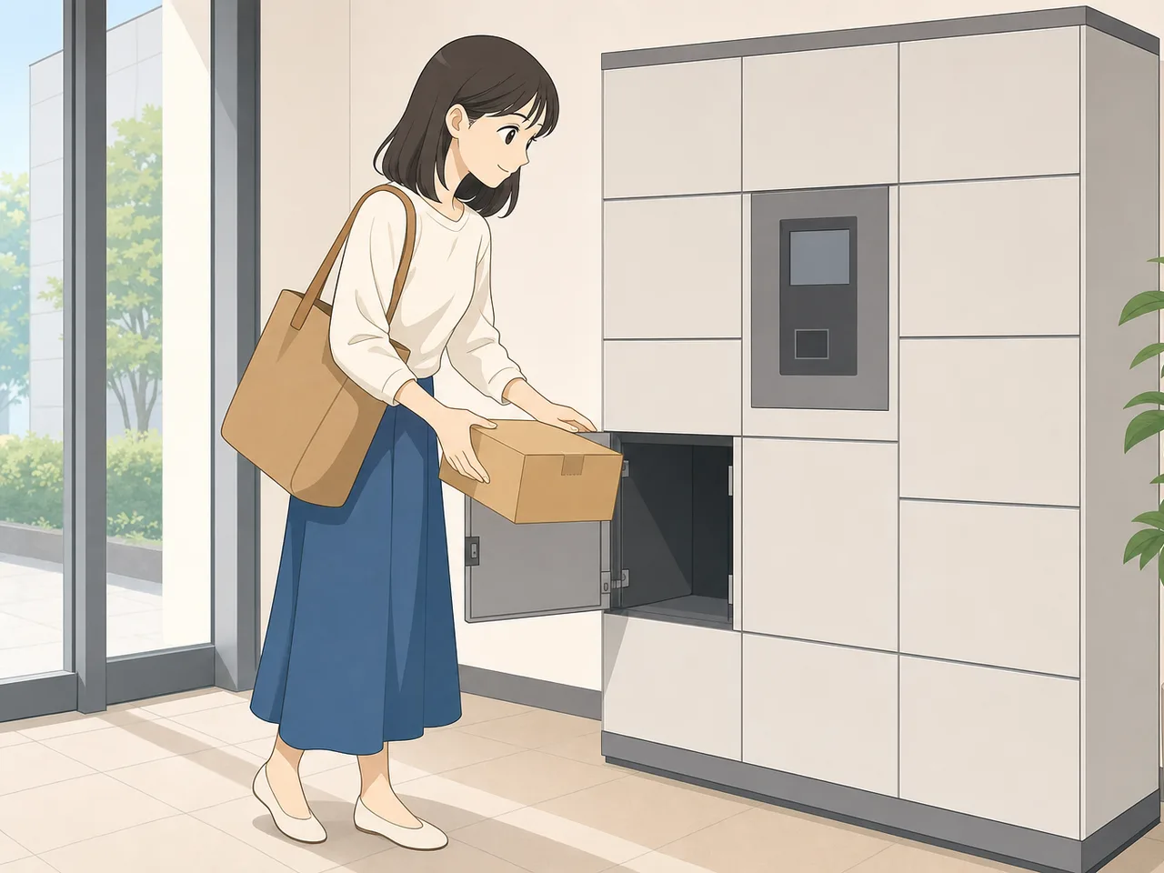 宅配ボックスを利用する日本人（フラットイラスト）。宅配ボックス、荷物受取、マンション、暮らしの記事向け素材です。