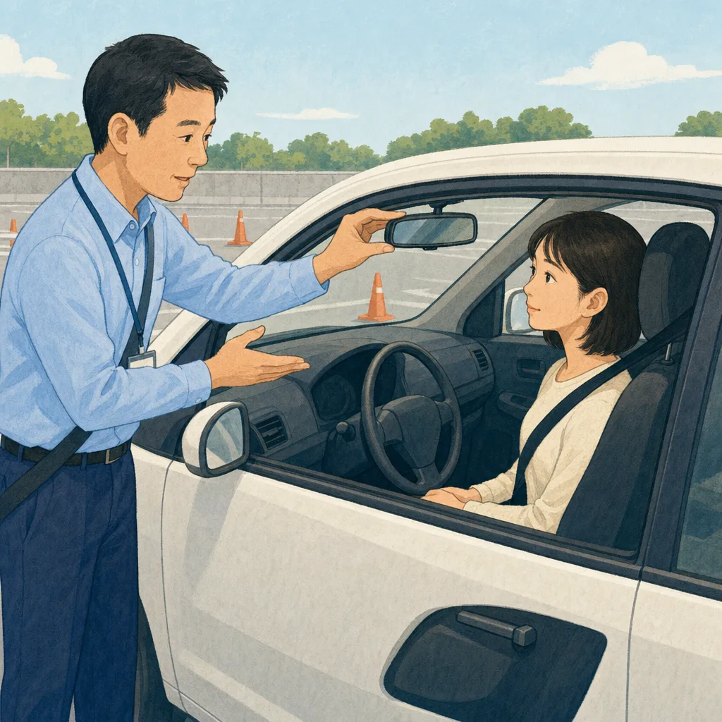 安全運転を教える日本人教習指導員（編集記事向け）。自動車教習所、運転指導、安全運転の記事向け素材です。