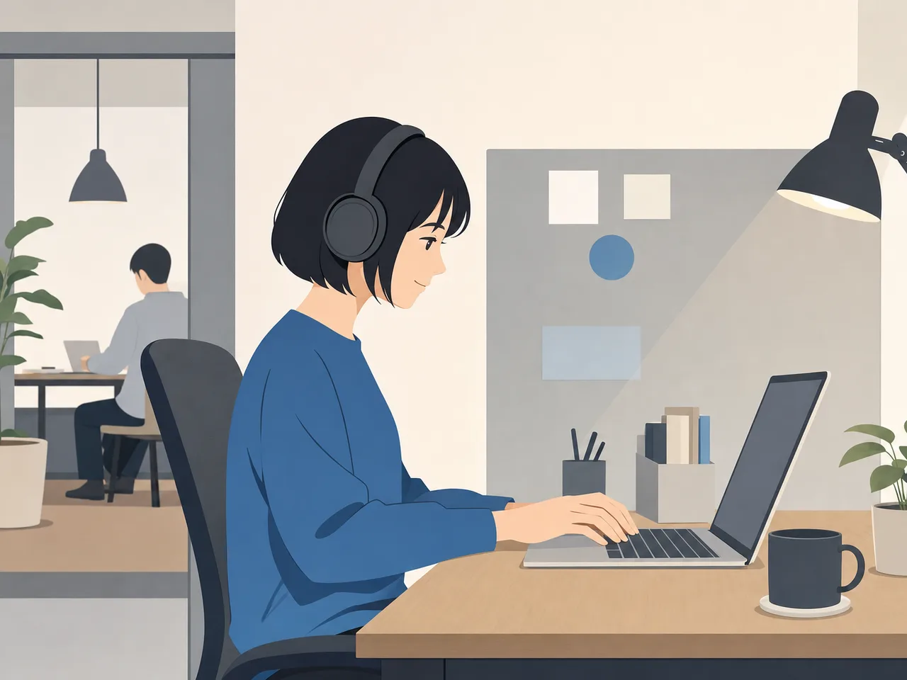 自分に合う静かな環境で働く日本人（フラットイラスト）。静かな職場の合理的配慮、自分に合う作業環境、ニューロダイバーシティ、静かな職場の記事や案内に使える商用素材です。