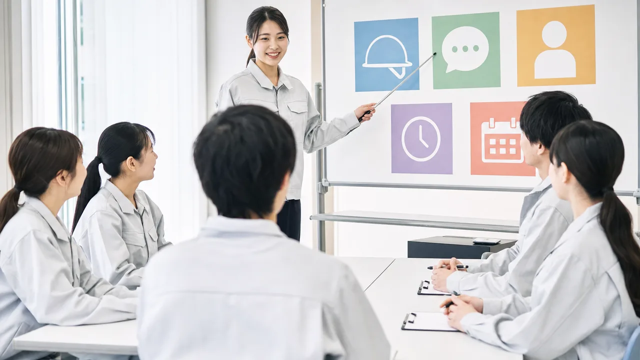インターンシップ説明を受ける日本人学生（横長・コピースペース）。インターンシップ、職場体験、大学生、就業体験の記事や案内に使える商用素材です。