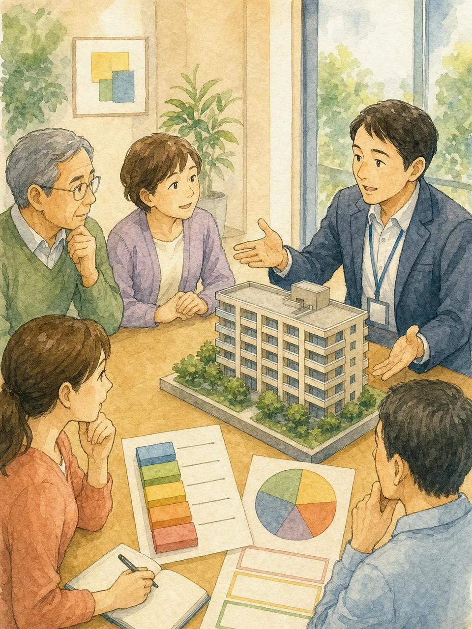 マンション修繕積立を話し合う日本人（手描き水彩）。修繕積立金、マンション管理、大規模修繕、管理組合の記事や案内に使える商用素材です。
