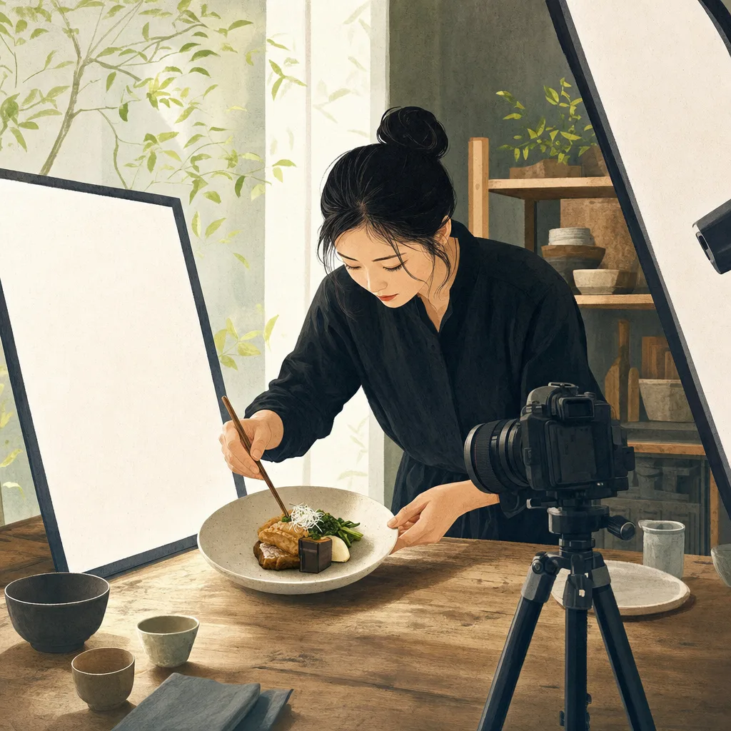 料理を撮影する日本人フォトチーム（編集記事向け）。料理撮影、フードフォト、商品撮影、カメラマンの記事や案内に使える商用素材です。
