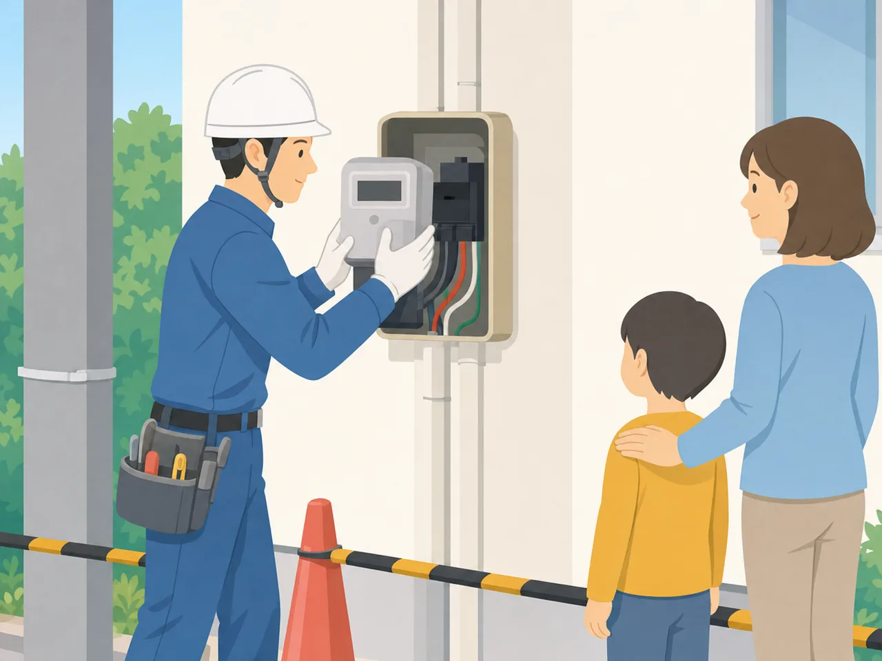 スマートメーターを交換する日本人技術者（フラットイラスト）。スマートメーター、電力量計、電気設備、交換作業の記事や案内に使える商用素材です。