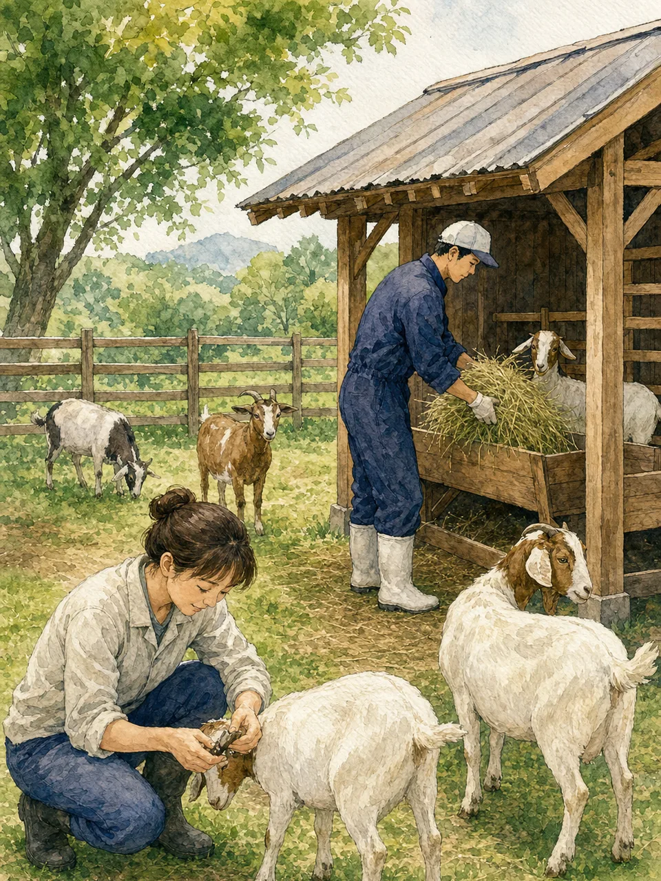 ヤギを世話する日本人農家（手描き水彩）。ヤギ、畜産、農業、動物福祉の記事向け素材です。