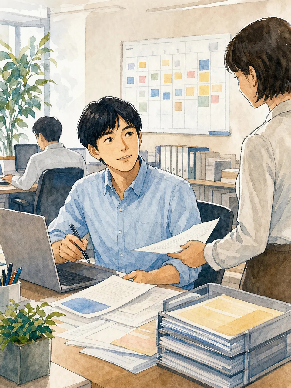 事務職として働く日本人会社員（手描き水彩）。事務職、オフィスワーク、書類整理、業務支援の記事向け素材です。