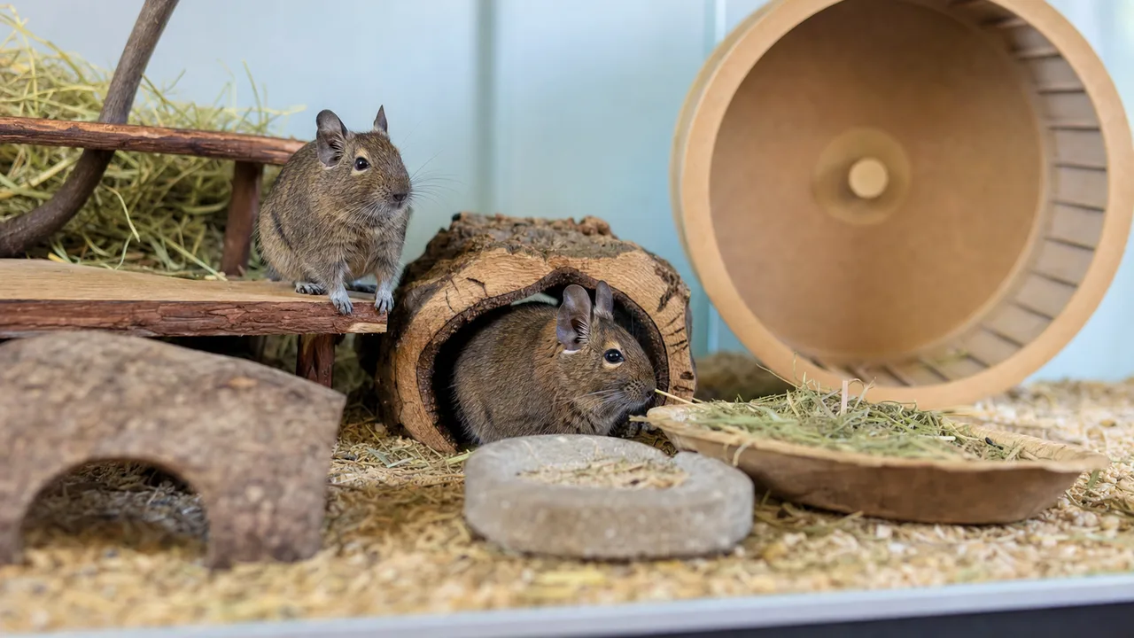 仲間と暮らすデグー（横長・コピースペース）。デグー、小動物、ペット、多頭飼育の記事や案内に使える商用素材です。