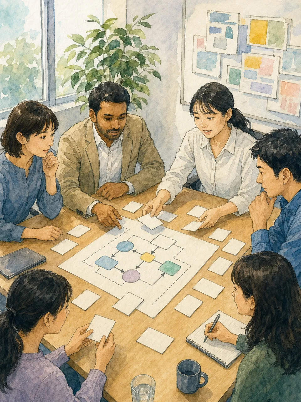 生成AIガバナンスを検討する日本人チーム（手描き水彩）。生成AIガバナンス、AI活用、リスク管理、企業向け素材です。