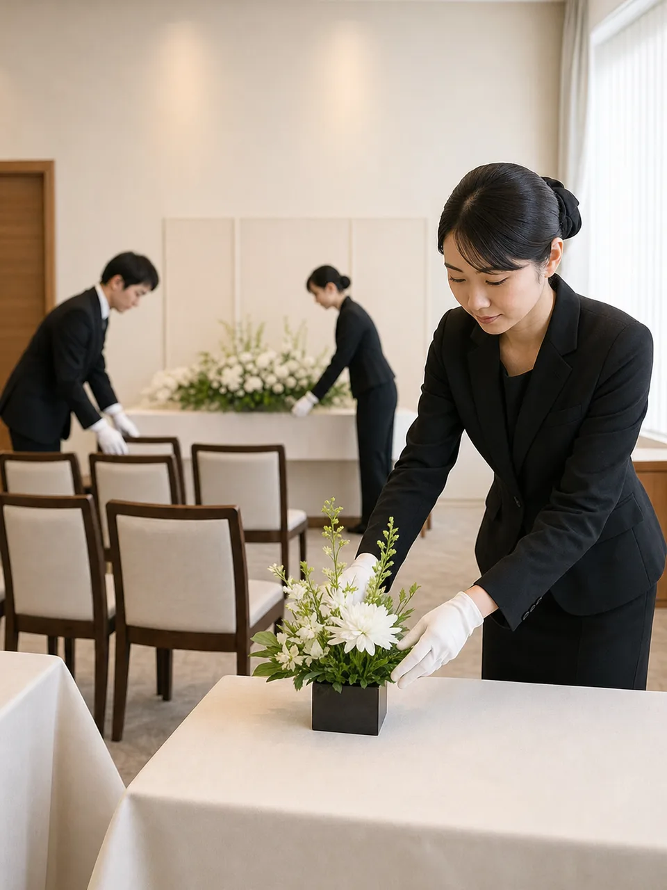 式場を整える日本人葬祭スタッフ（自然な縦位置写真）。葬祭スタッフ、葬儀社、式場準備、家族支援の記事向け素材です。