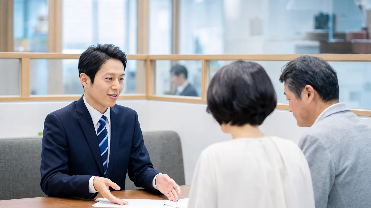 銀行で相談に応じる日本人行員（横長・コピースペース）。銀行員、金融相談、家計、資産形成の記事に使える素材です。