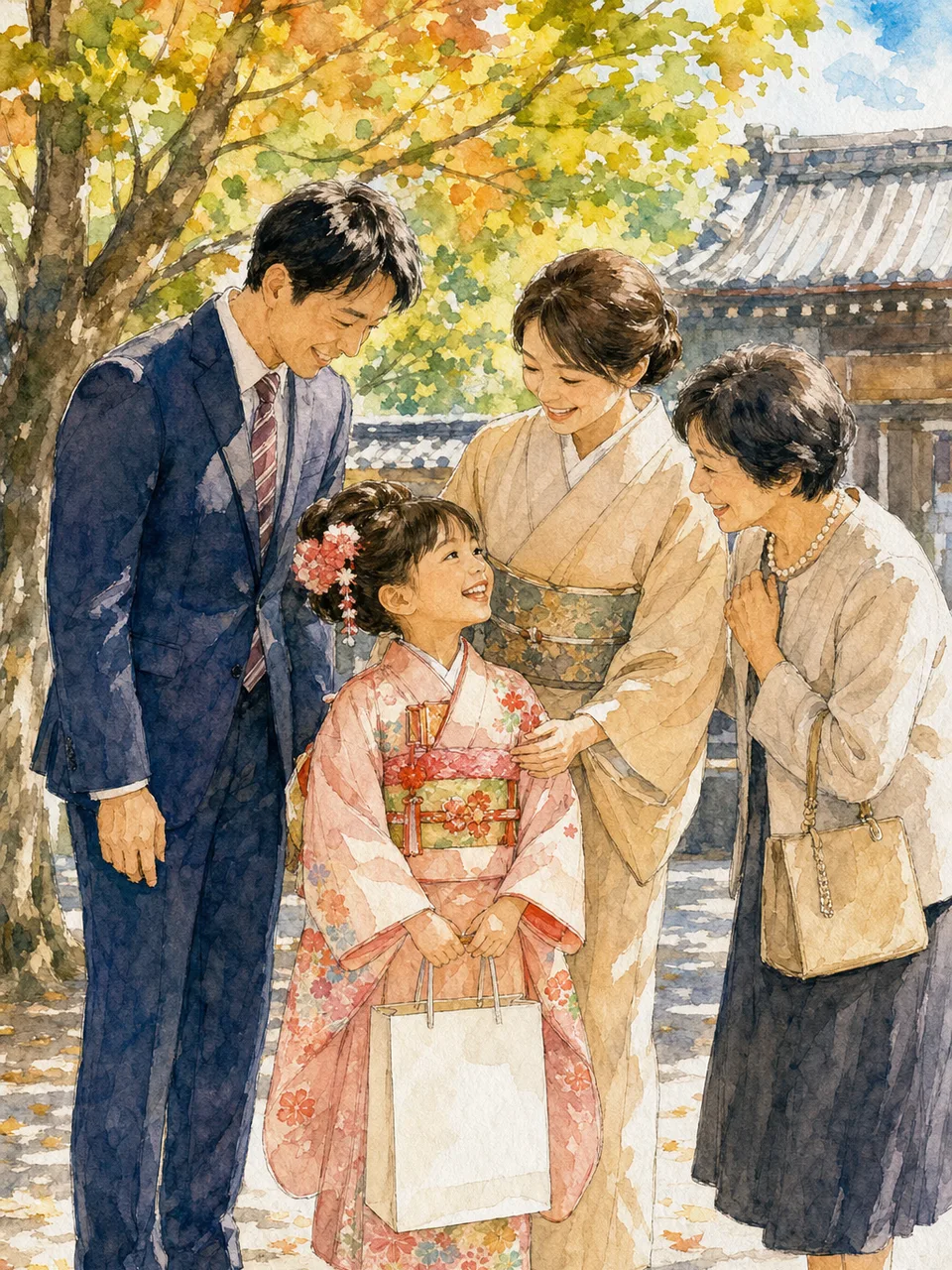 七五三を祝う日本人家族（手描き水彩）。七五三、家族、子どもの成長、秋の行事の記事向け素材です。