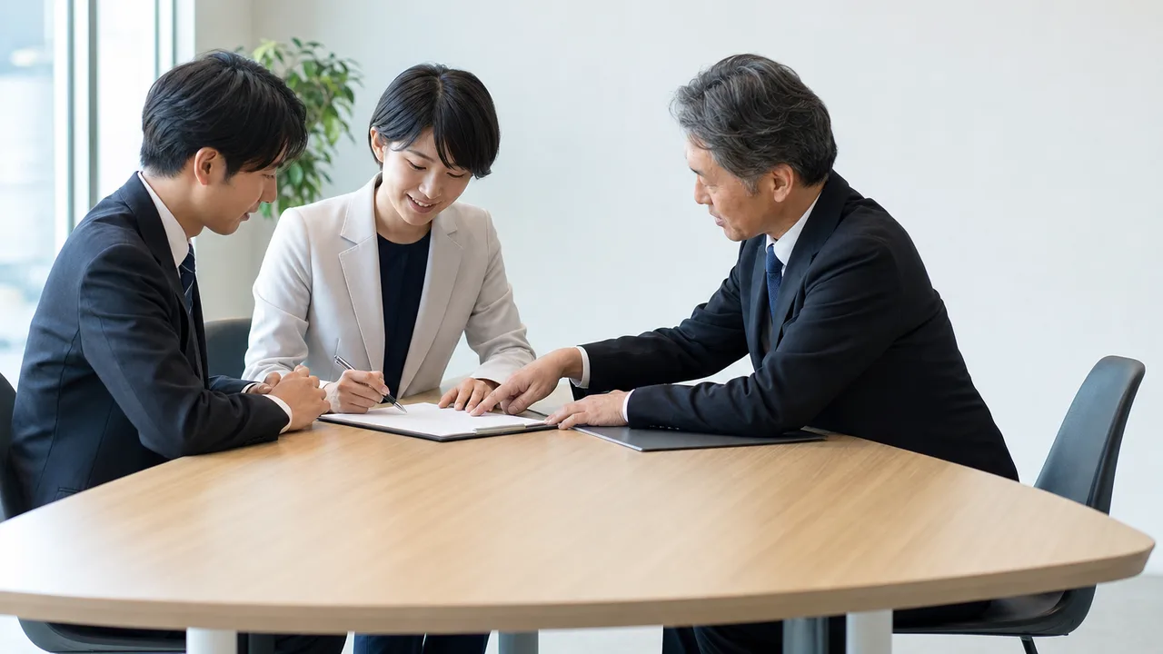 契約内容を確認するビジネス担当者（横長・コピースペース）。契約、商談、士業、法人サービスの説明に使いやすいビジネス素材です。