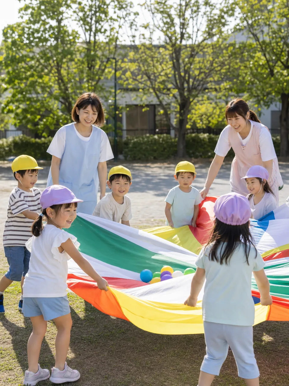 園庭で遊ぶ日本の幼稚園児（自然な縦位置写真）。幼稚園、保育、子育て、教育施設の紹介に使える活動素材です。