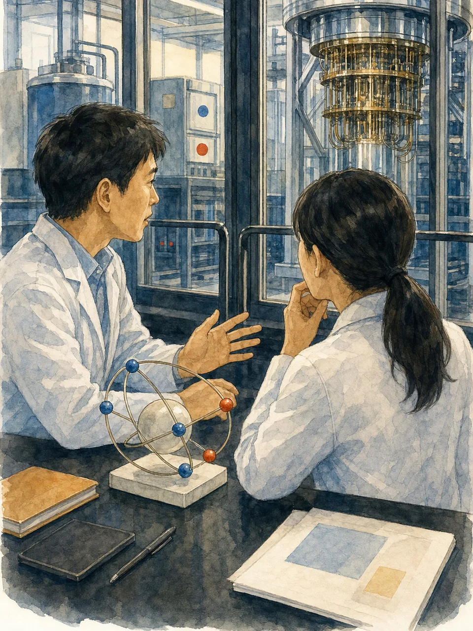 量子コンピュータを研究する日本人（手描き水彩）。量子コンピュータ、量子技術、研究開発、大学研究の記事や案内に使える商用素材です。
