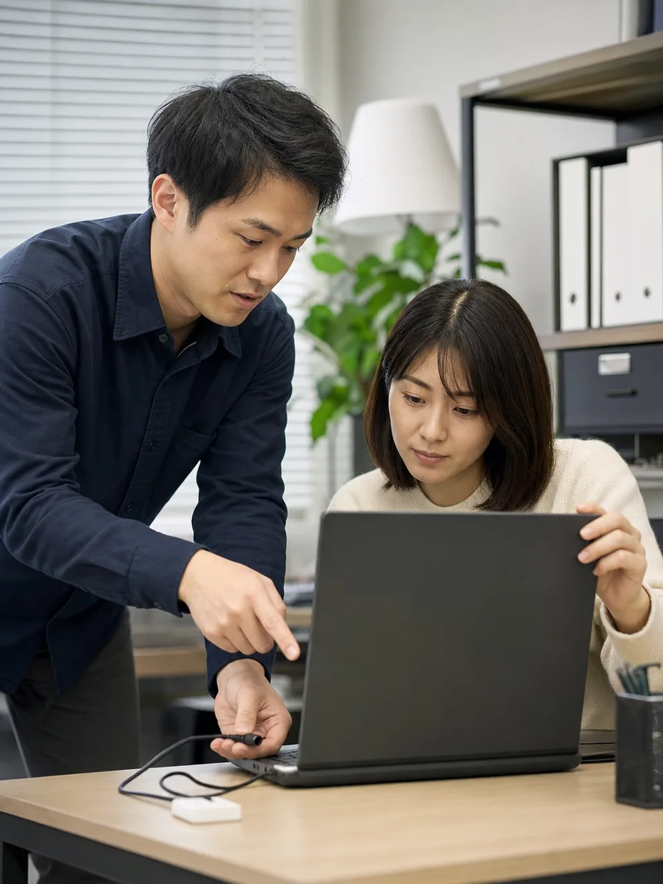 ITサポートを行う日本人担当者（自然な縦位置写真）。ITサポート、ヘルプデスク、社内IT、問題解決の記事向け素材です。