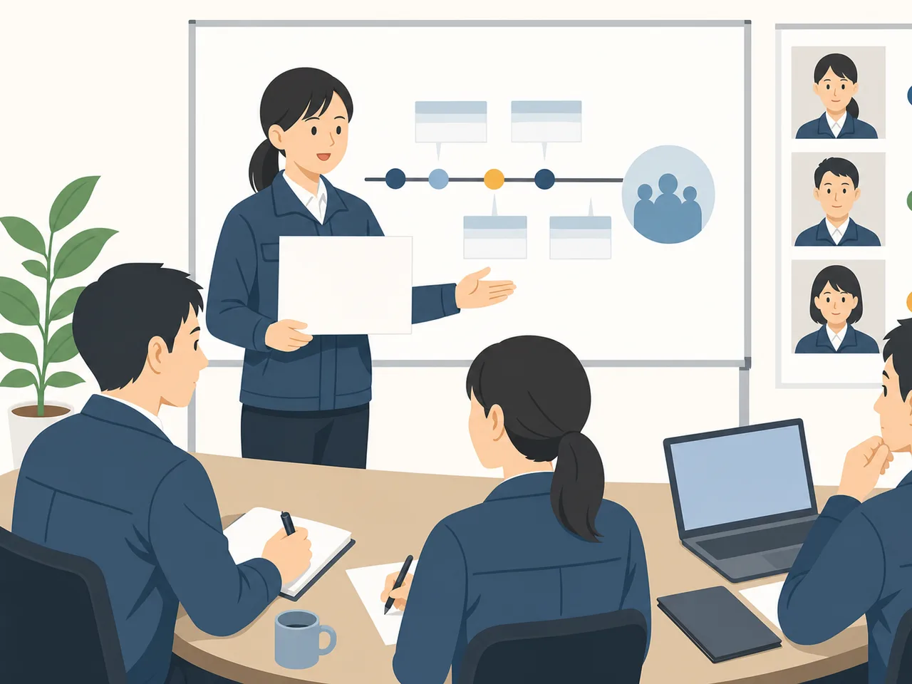 危機広報を訓練する日本人チーム（フラットイラスト）。危機広報、広報訓練、緊急対応、情報発信の記事や案内に使える商用素材です。