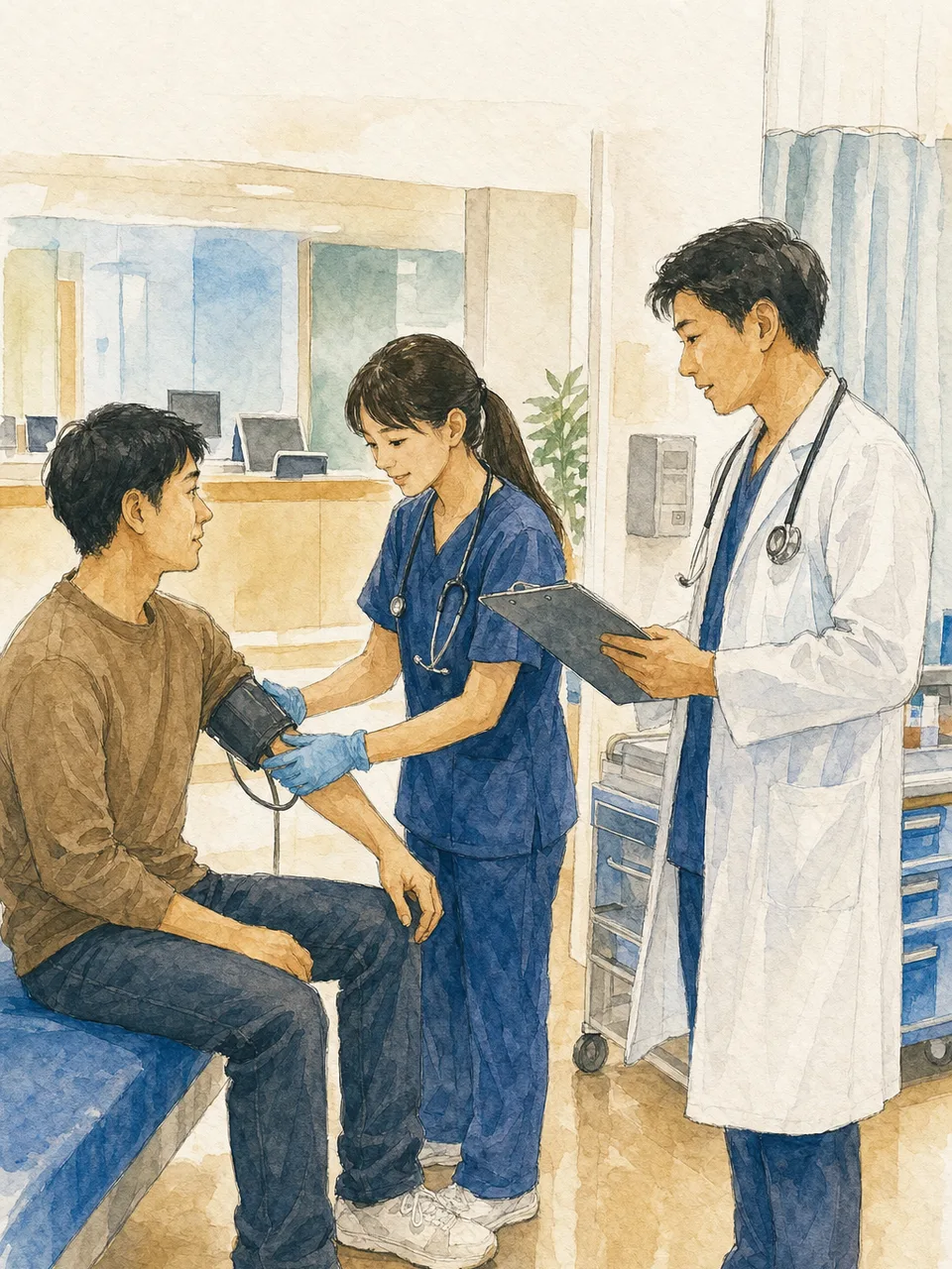 救急外来で対応する日本人医療スタッフ（手描き水彩）。救急外来、トリアージ、医療チーム、病院の記事向け素材です。