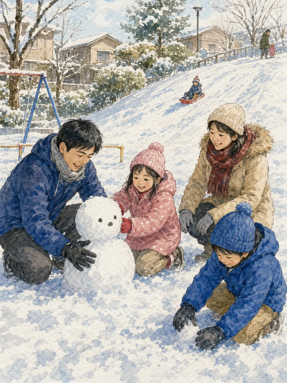 雪遊びを楽しむ日本人家族（手描き水彩）。雪遊び、冬、親子、屋外レジャーの記事向け素材です。
