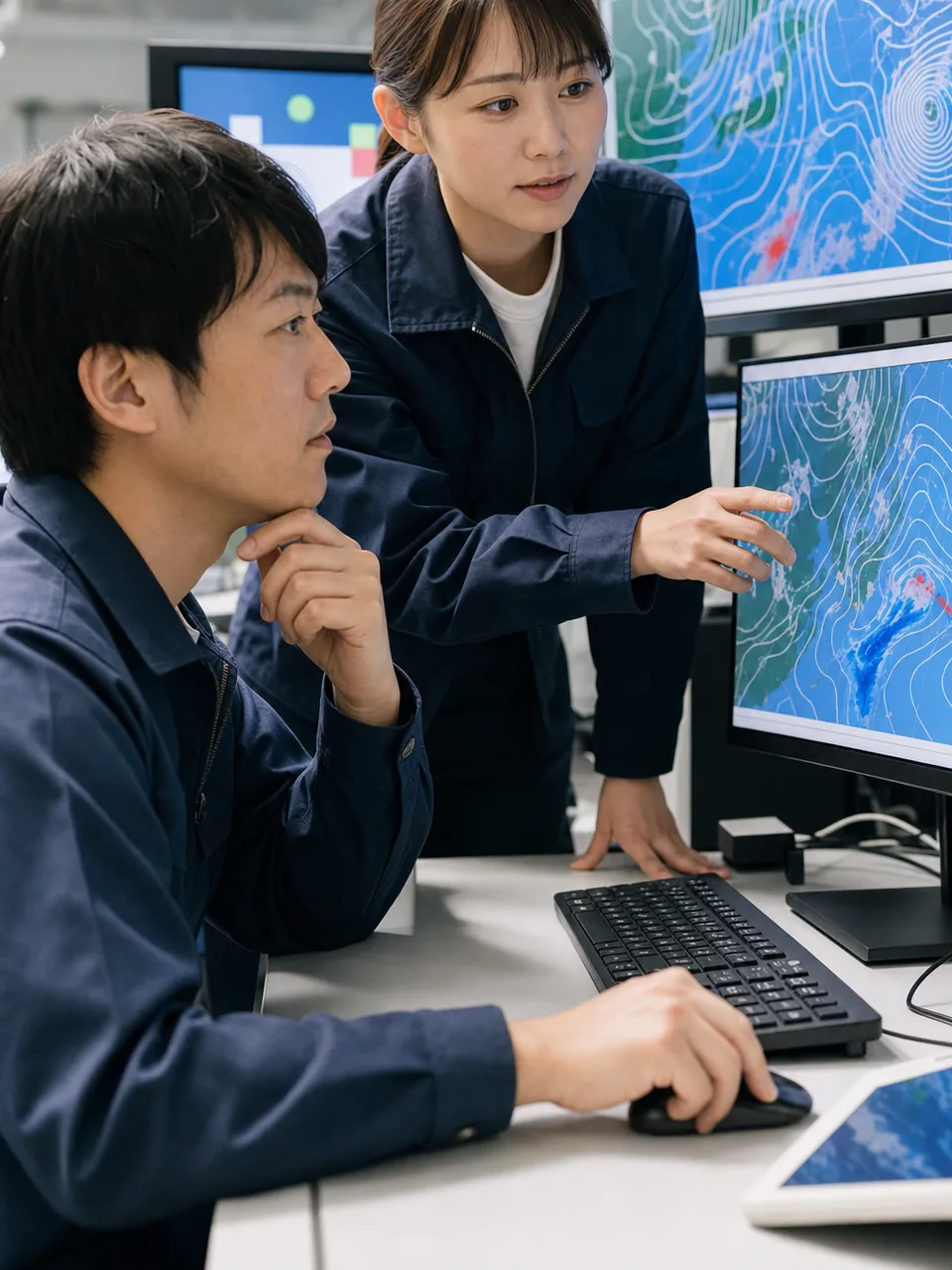天気を分析する日本人気象予報士（自然な縦位置写真）。気象予報士、天気予報、気象分析、天気の記事や案内に使える商用素材です。