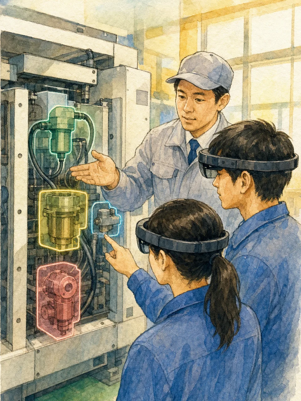 ARで保守訓練をする日本人技術者（手描き水彩）。AR研修、拡張現実、保守訓練、設備保全の記事や案内に使える商用素材です。