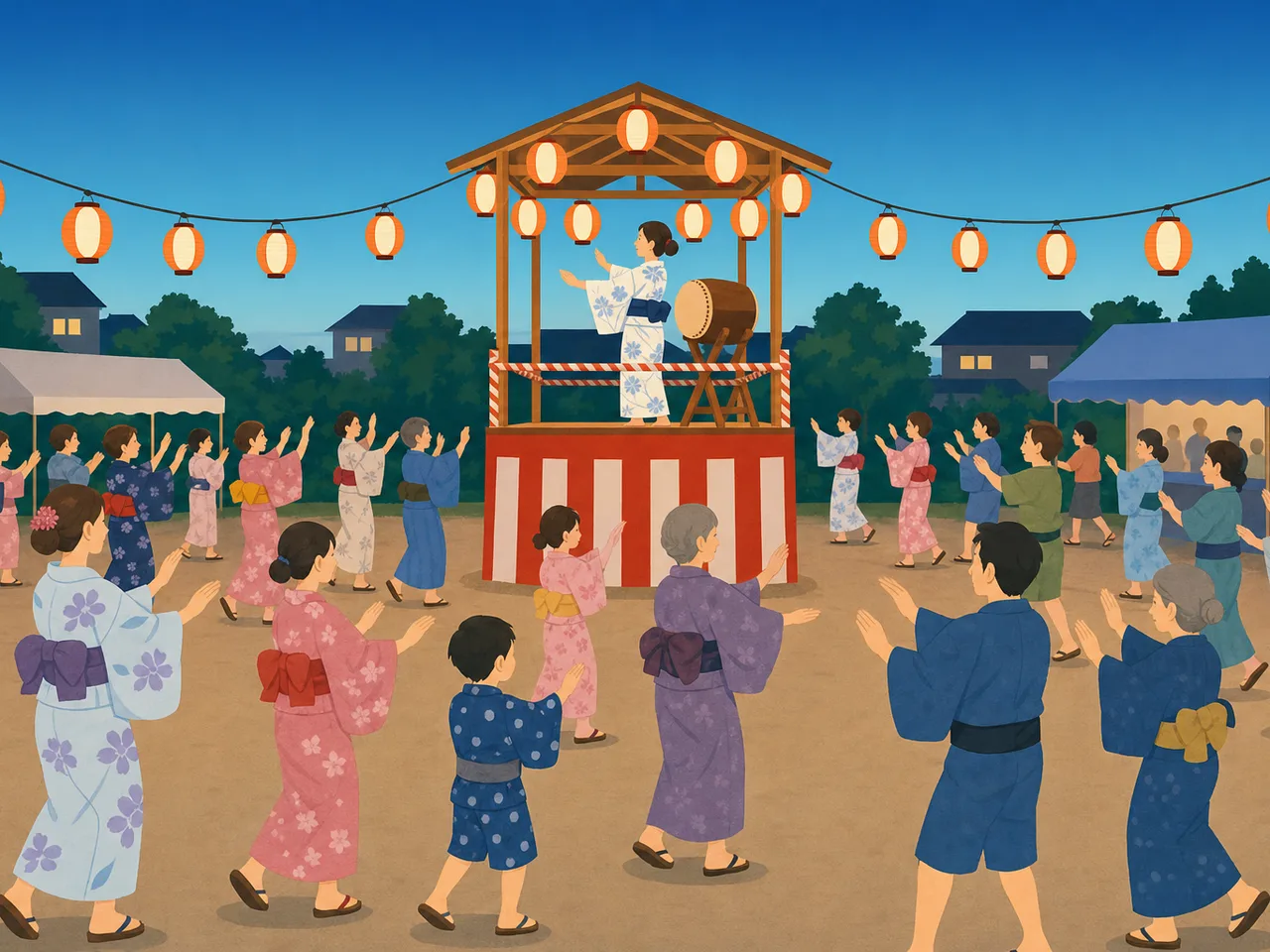 盆踊りを楽しむ日本人地域住民（フラットイラスト）。地域の盆踊り、盆踊り練習、夏祭り、地域行事の記事や案内に使える商用素材です。