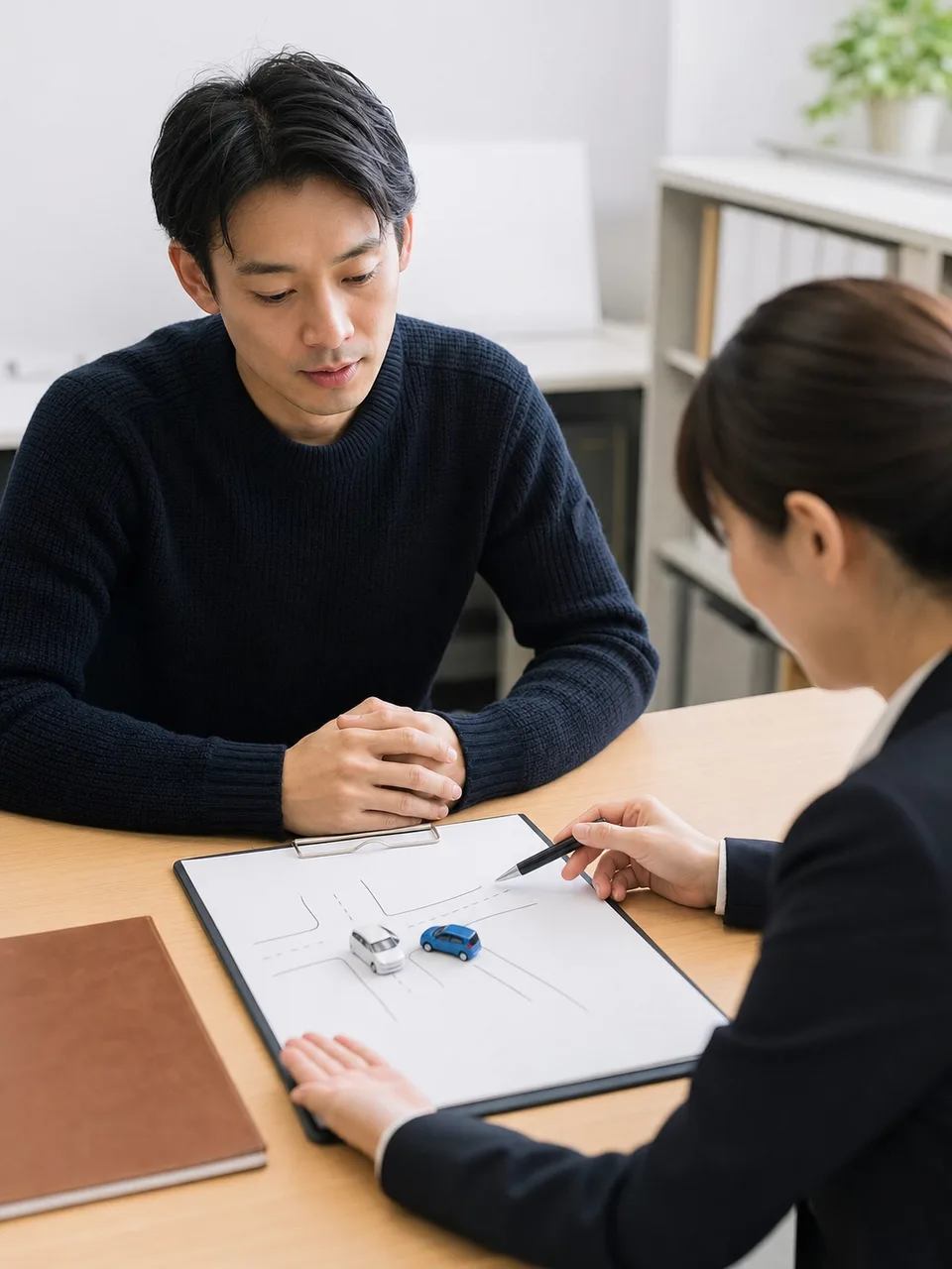 交通事故後の保険相談をする日本人（自然な縦位置写真）。交通事故、自動車保険、事故対応、相談窓口の記事向け素材です。
