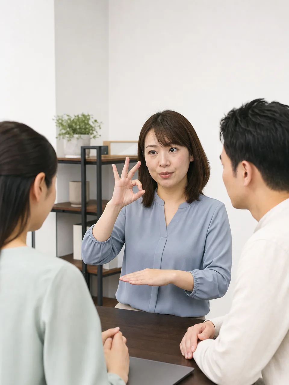 手話通訳をする日本人専門職（自然な縦位置写真）。手話通訳者、手話通訳、日本手話、聴覚障害の記事や案内に使える商用素材です。