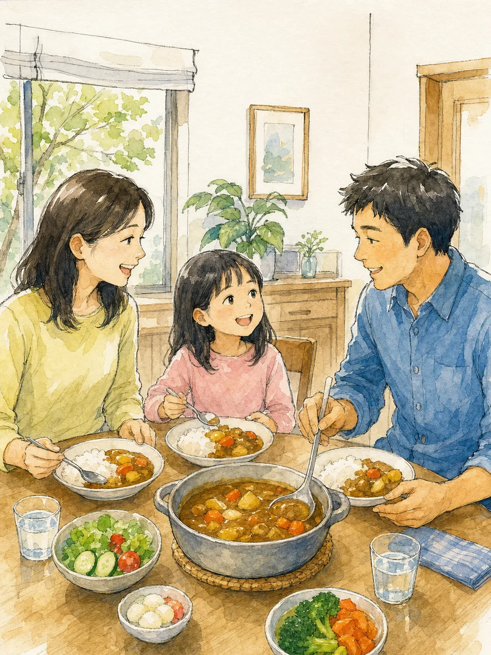 カレーライスを囲む日本人家族（手描き水彩）。カレーライス、家庭料理、家族、食卓の記事向け素材です。