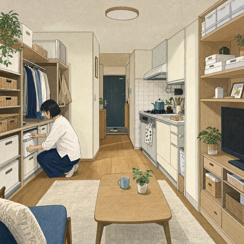 狭小住宅の収納を工夫する日本人（編集記事向け）。狭小住宅収納、収納アイデア、小さな住まい、整理の記事向け素材です。