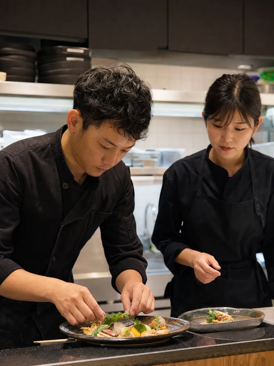 料理を仕上げる日本人調理師（自然な縦位置写真）。調理師、飲食店、厨房、料理人の記事向け素材です。